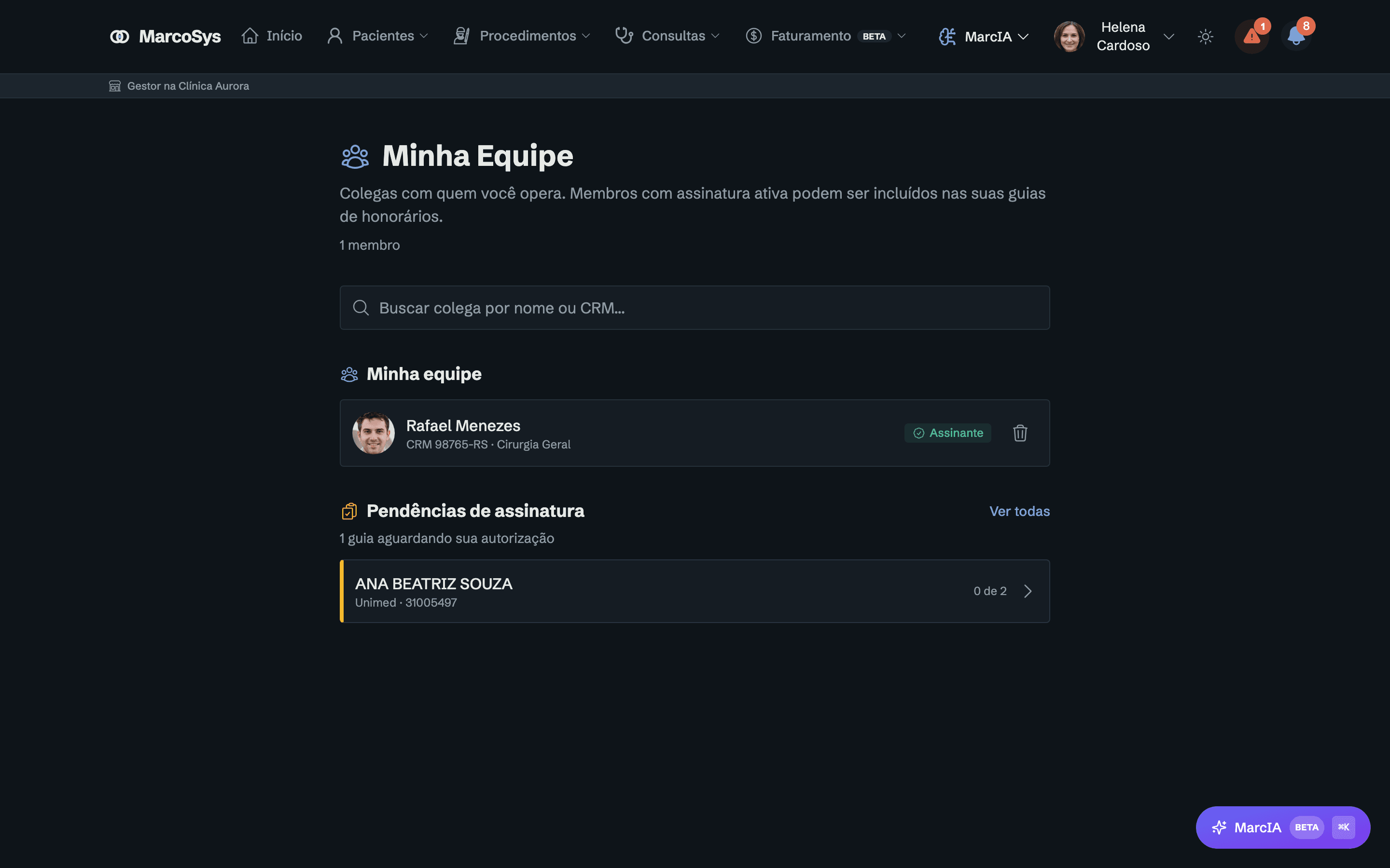 Tela Minha Equipe com convites e membros da equipe médica