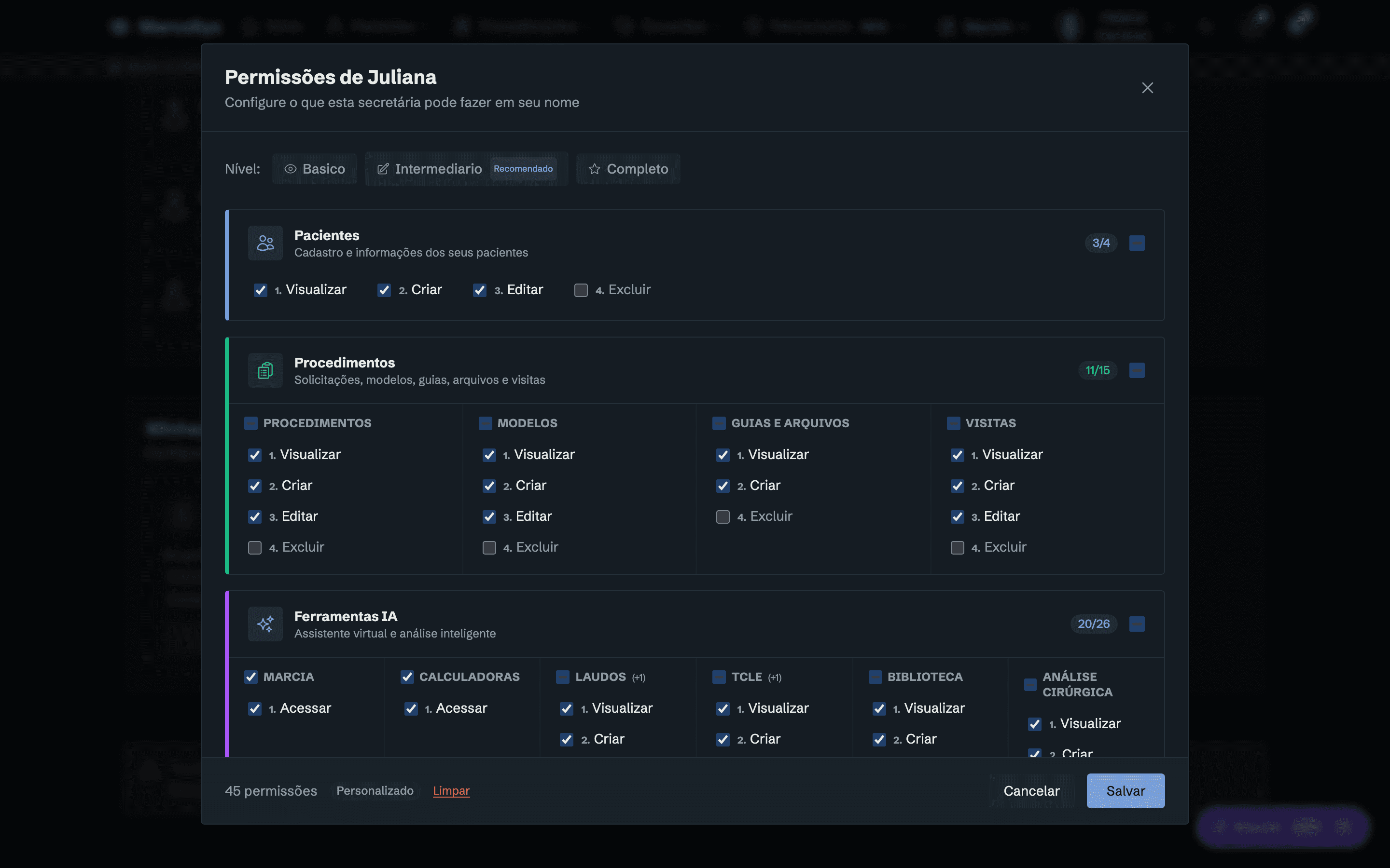 Tela de atribuição de permissões da secretária